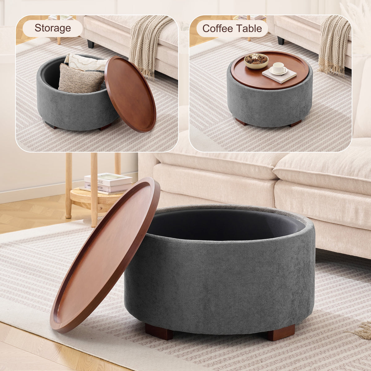 Elladera 29.1 Inch Round Boucle Storage Ottoman Coffee Table with Removable Lid Top