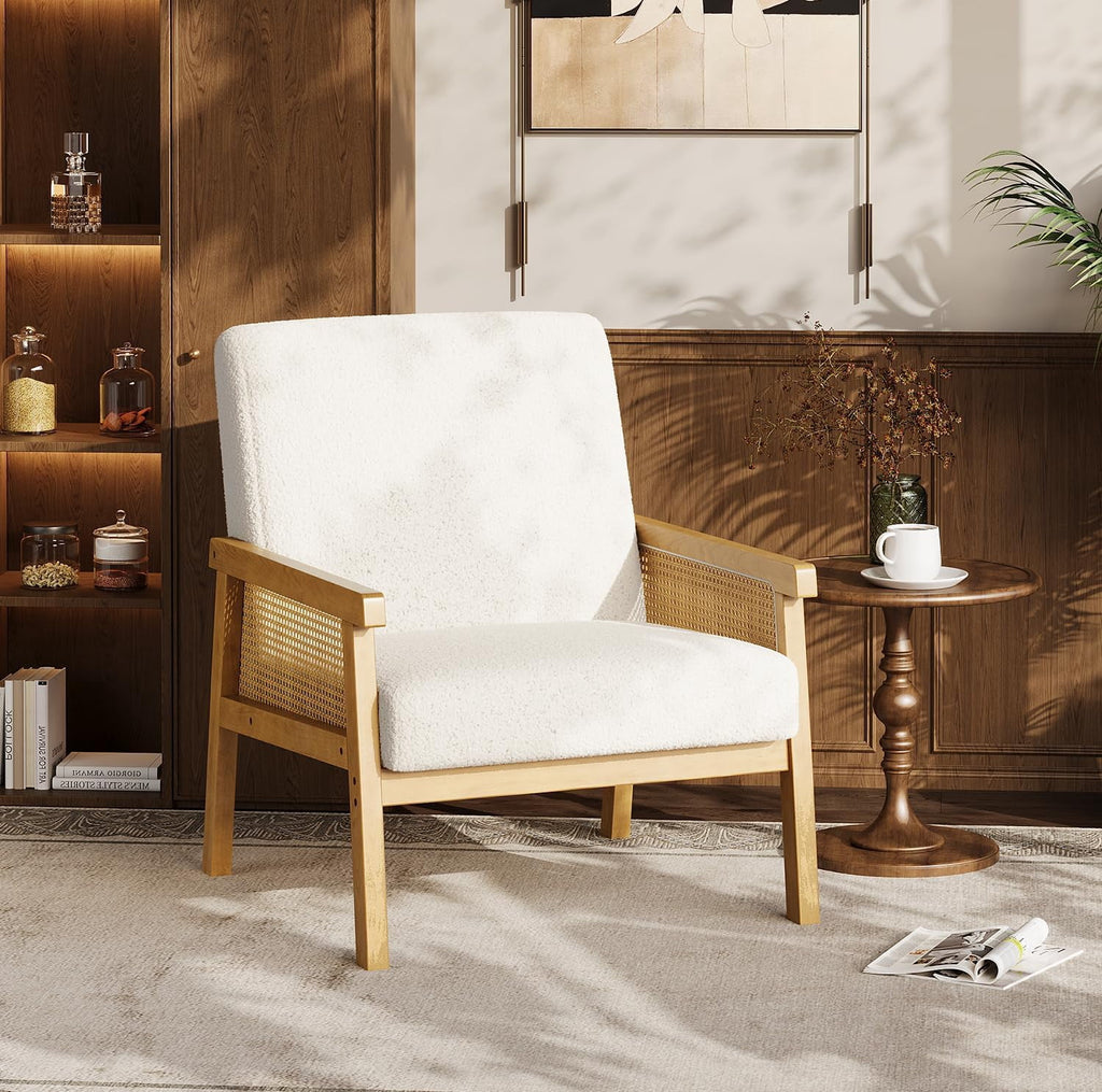 Elladera Boucle Accent Chair, Rattan Armchair with Wooden Frame, High Back