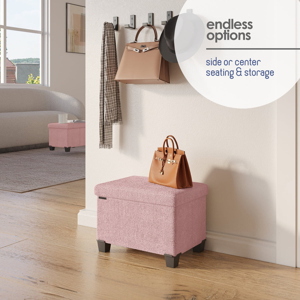 Elladera Hearth & Harbor Storage Ottoman Bench, Boucle 16" Ottoman with Storage, Pink