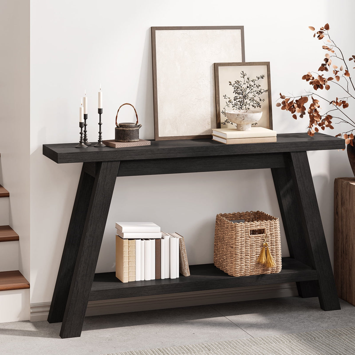 Elladera 54" Farmhouse 2-Tier Console Table,Wooden Entryway Sofa Table, Black