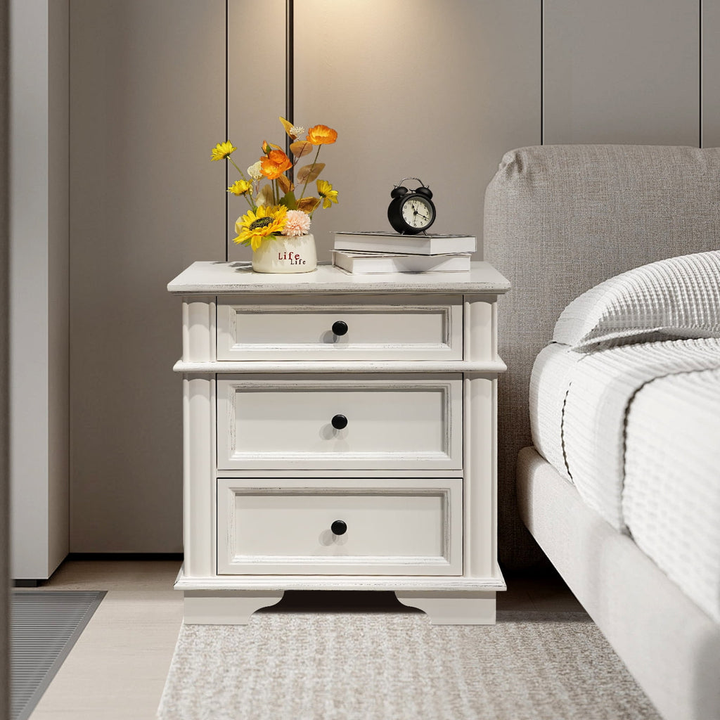 Elladera Solid Wood Nightstand with Outlets & USB Ports, 3 Drawer Traditional