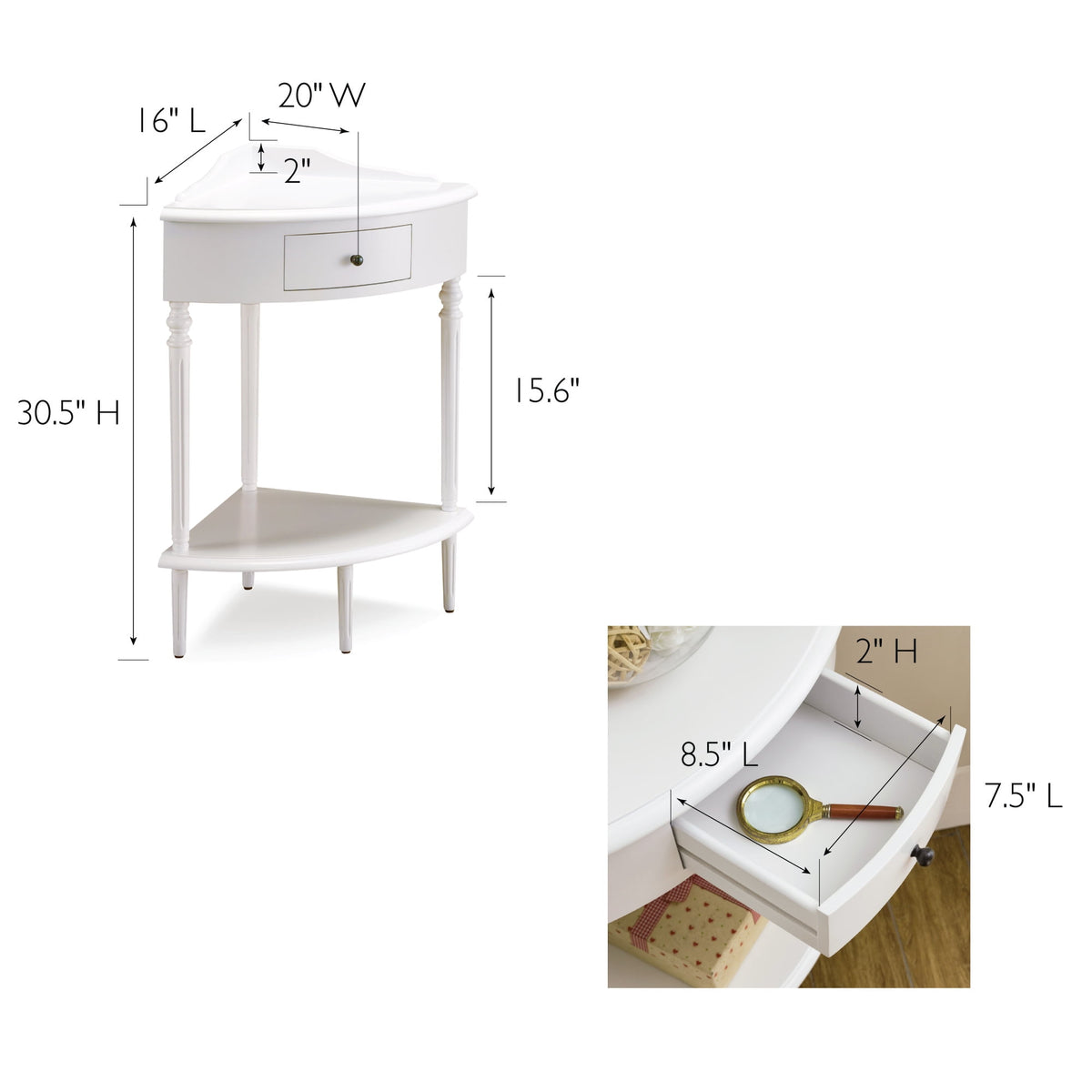 Elladera Leick Home 1-Drawer Solid Wood Corner Stand with Shelf, Cottage White
