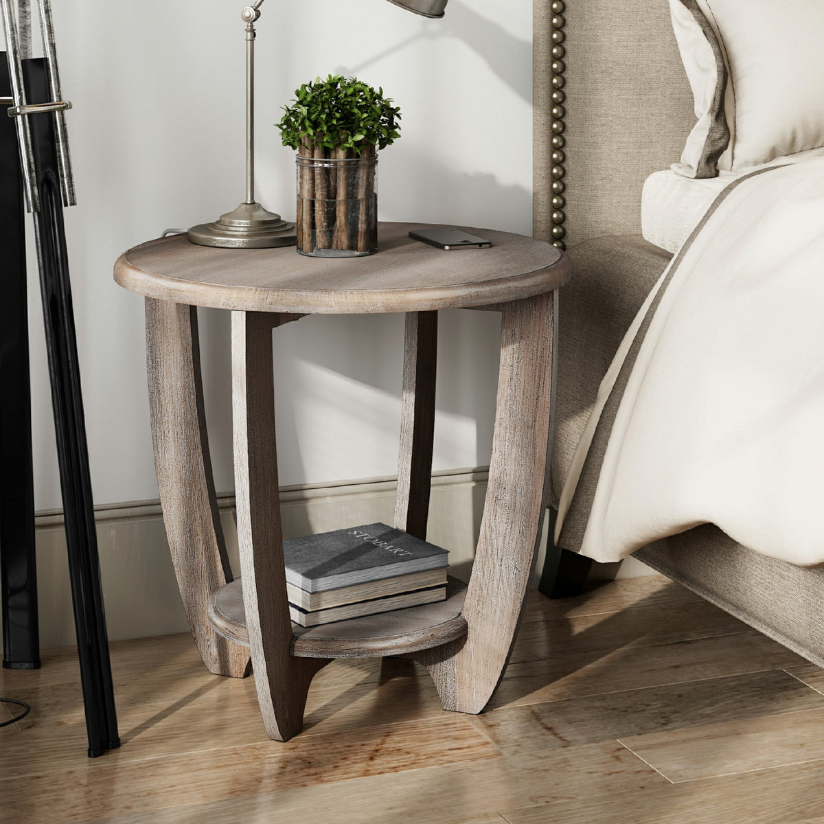 Elladera COZAYH Rustic Farmhouse Wooden End Table- Storage Shelf- Grey Finish