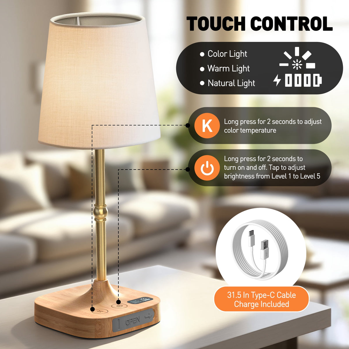 Elladera Bedside Table Lamp for Bedroom, 3 Color Temperatures Cordless Bedside