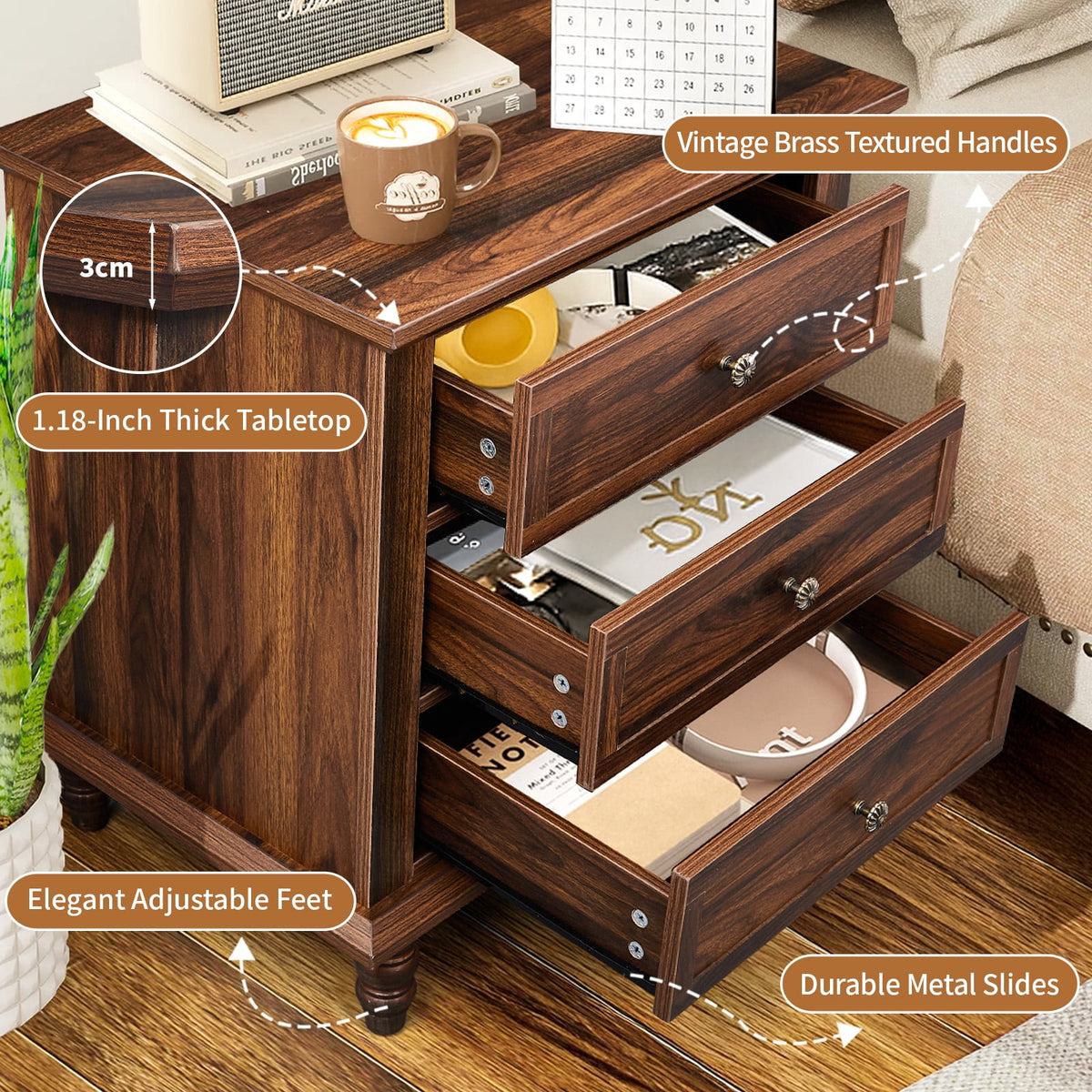 Elladera Solid Wood Nightstand 3 Drawer Traditional Cottage Bedside Table, Brown
