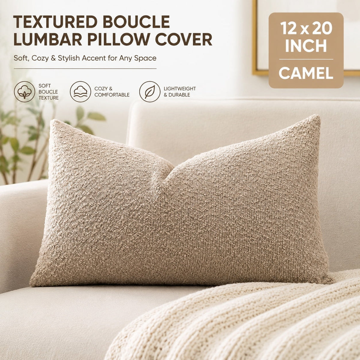 Elladera Set of 1 Textured Boucle Throw Pillow Cover, Square Soft Decorative Couch