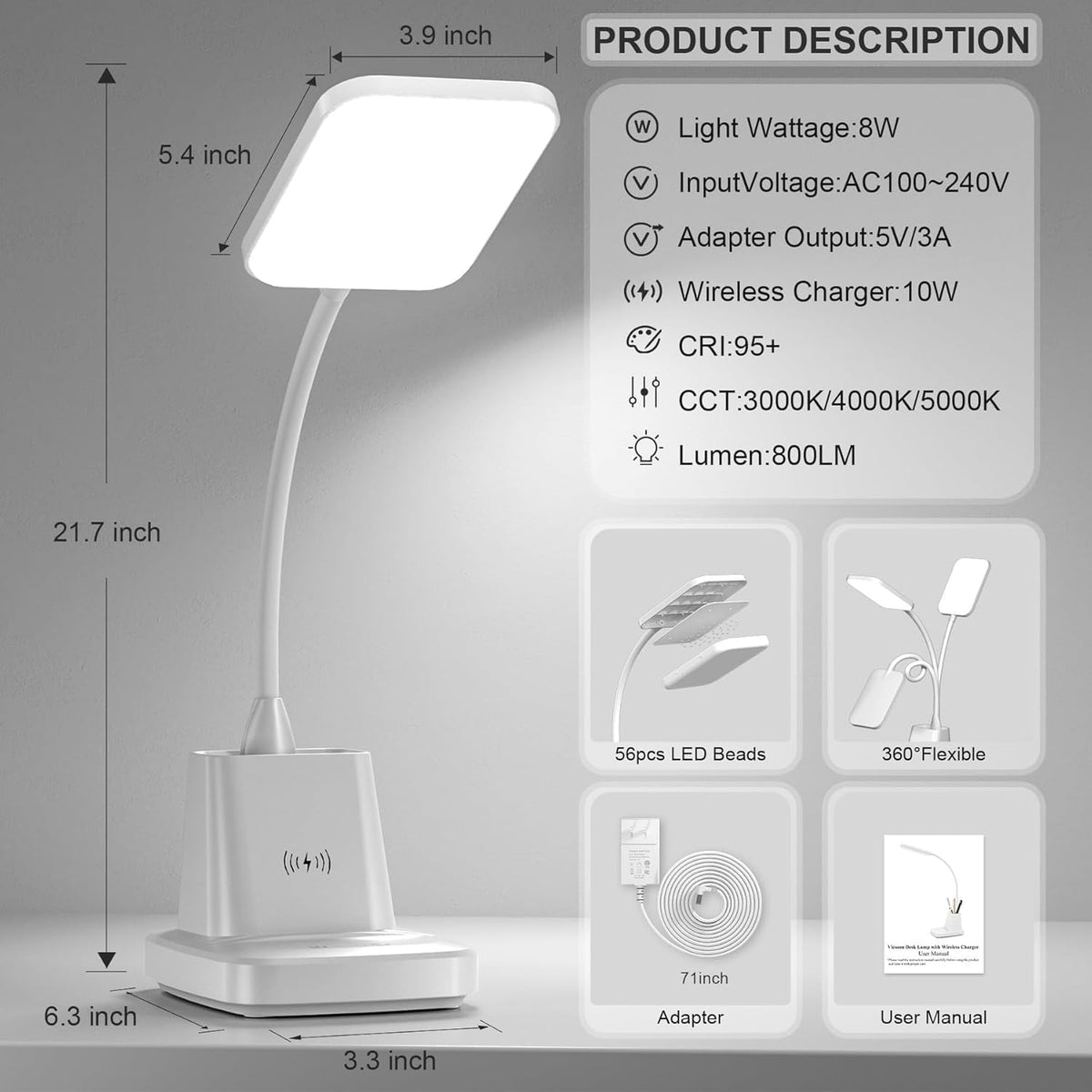 Elladera Desk Lamp with Wireless Charger, LED Desk Lamps for Home Office Eye-Caring