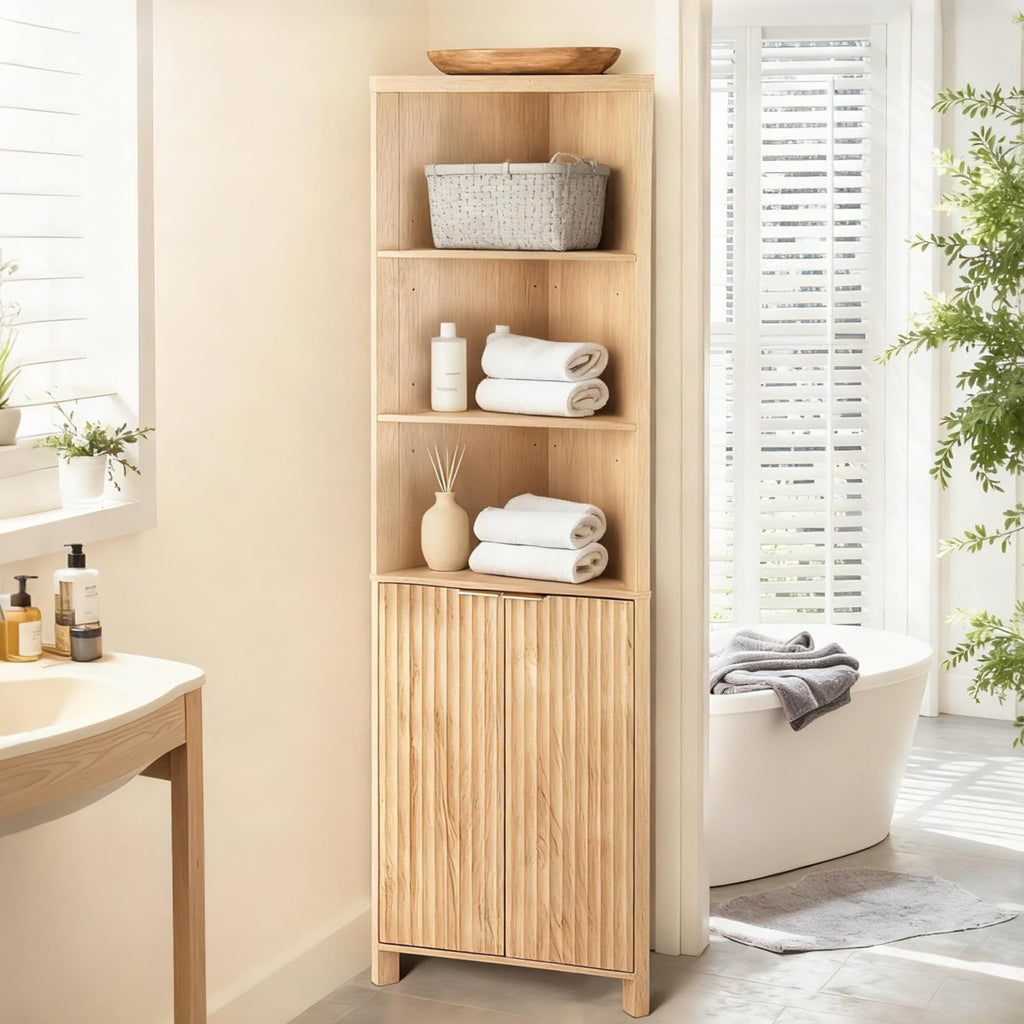 Elladera Corner Bathroom Cabinet with Fluted Double- doors, 5- Tier Freestanding