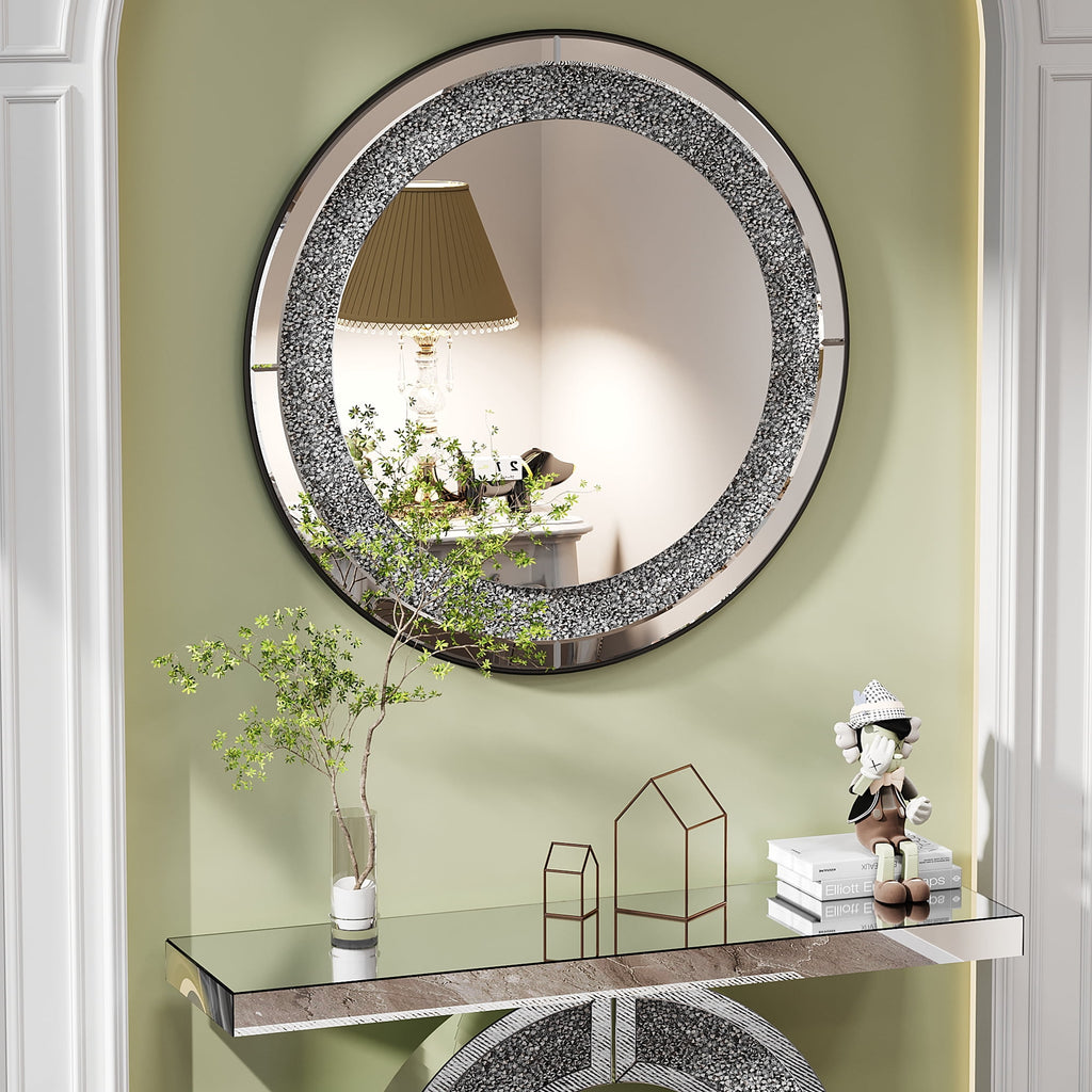 Elladera Modern Crystal Crush Diamond Sparkly Round Silver Wall Mirror- Handcrafted