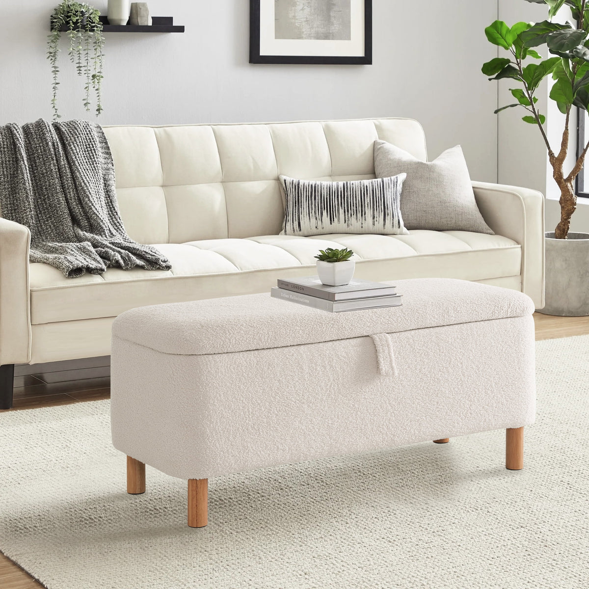 Elladera 39.5" Boucle Storage Ottoman Bench with Wood Legs for Living Room Bedroom