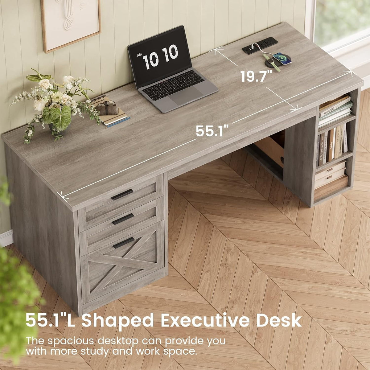 Elladera 55.1" Farmhouse Desk with 3 Drawers & Open Shelves, Home Office Desk with