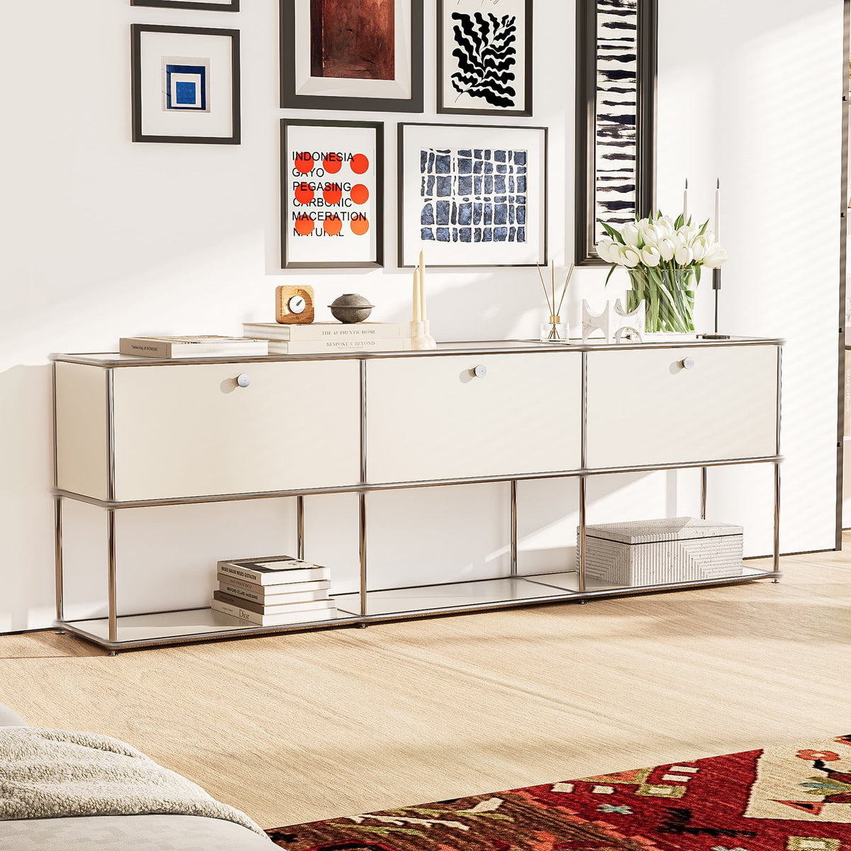 Elladera 2-Tier Accent Cabinet,Metal Storage Cabinets with 3 Doors,Open