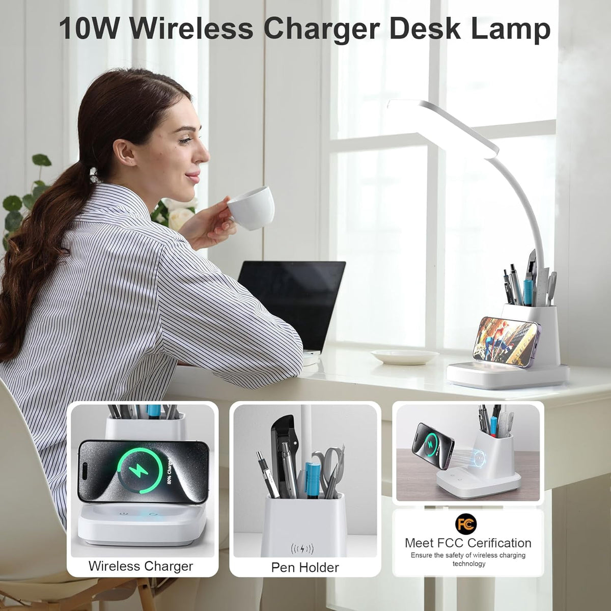 Elladera Desk Lamp with Wireless Charger, LED Desk Lamps for Home Office Eye-Caring