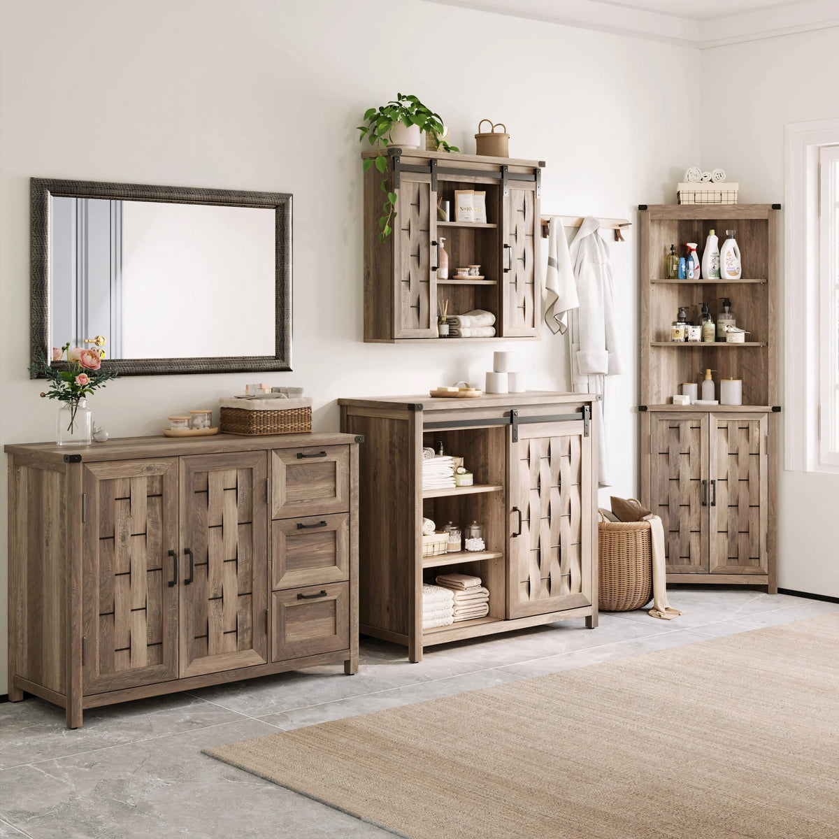 Elladera 43 Inch Farmhouse Sideboard Buffet Cabinet with Drawers and Shelves Light