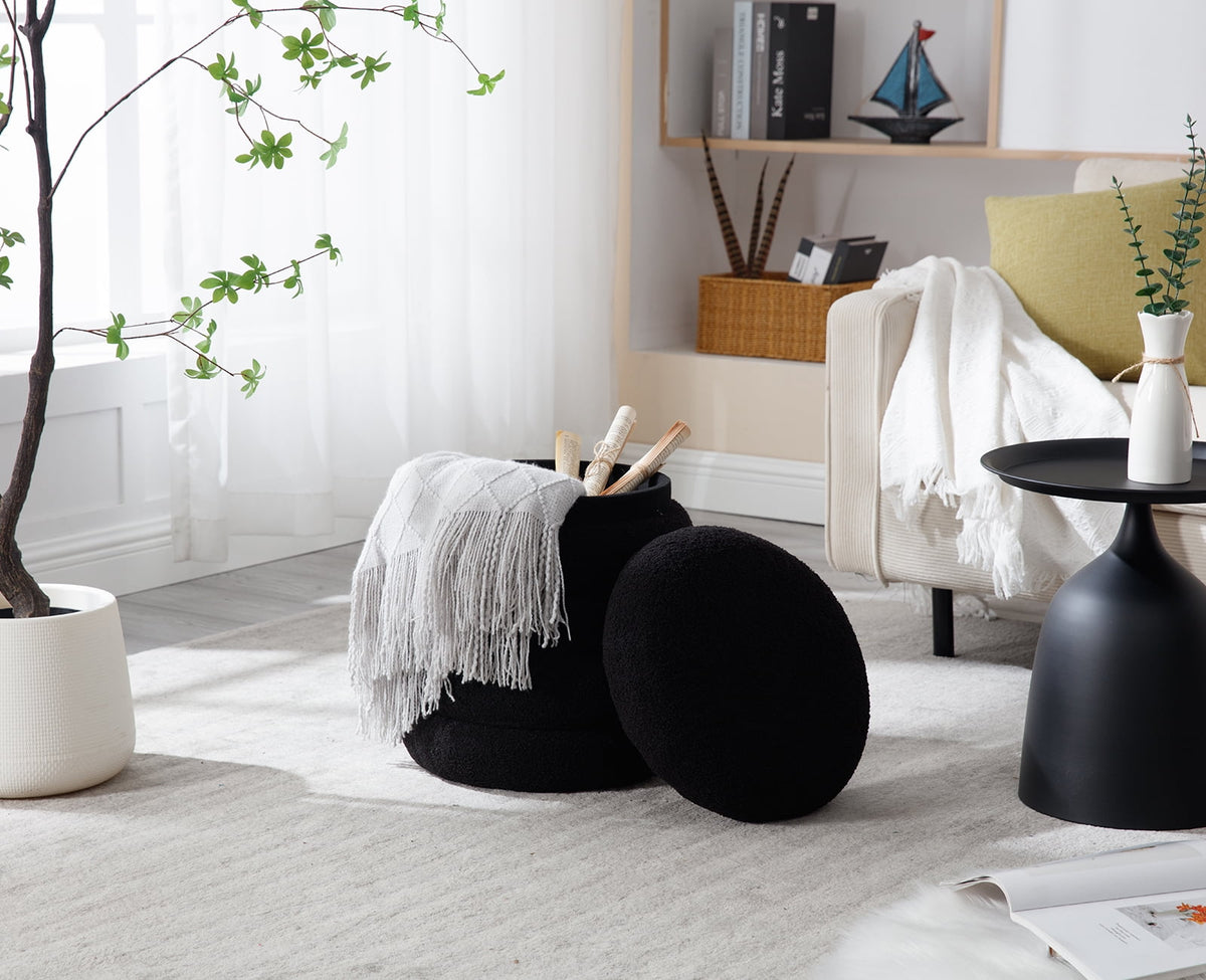 Elladera Guyou Round Storage Ottoman, Upholstered Sherpa Footstool, Small Boucle