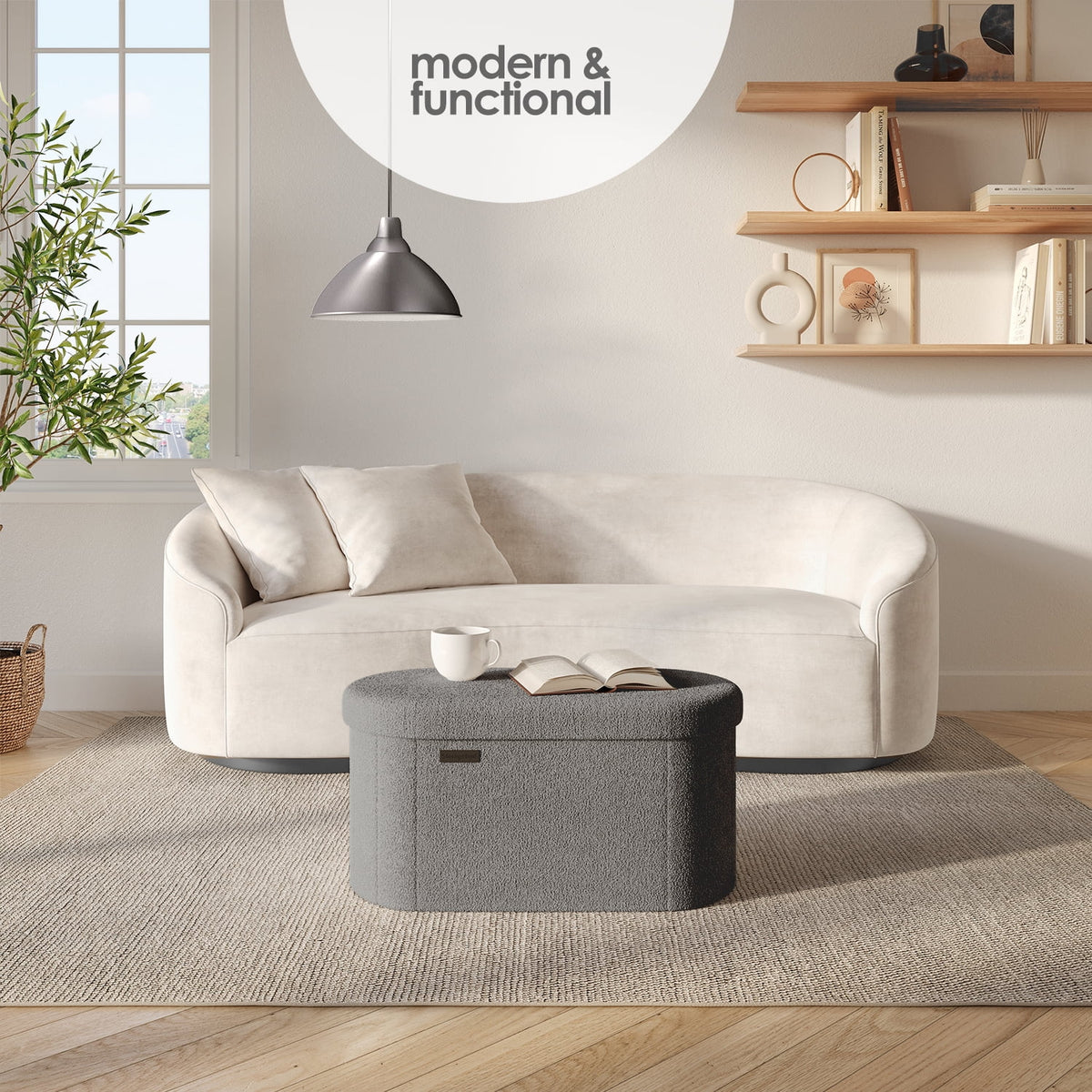 Elladera Hearth & Harbor Oval Storage Ottoman Bench, Boucle 30" Ottoman with