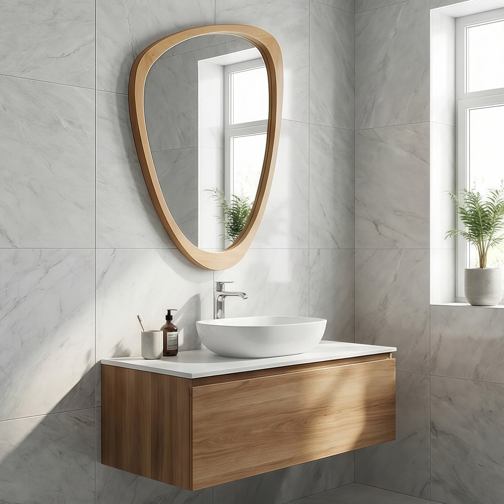Elladera YIQMI 20x30 inch Teardrop MDF Wood Mirror Irregular Oak Wall Mirror for