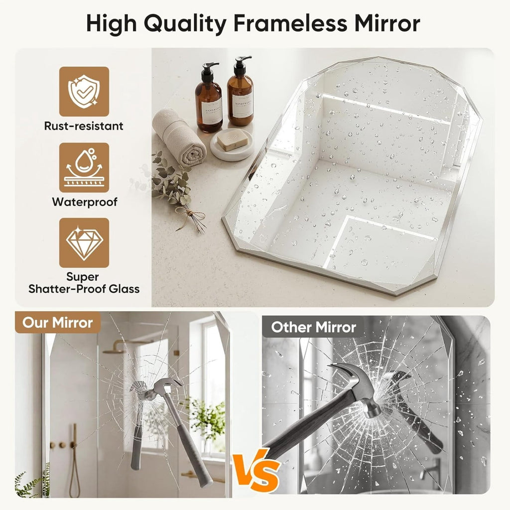 Elladera Gleamira 20"x28" Frameless Arched Bathroom Mirror Beveled Diamond Edge