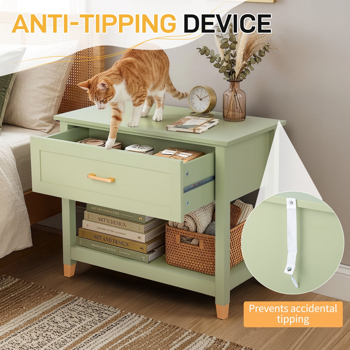 Elladera Solid Wood Nightstand with One Drawer Traditional Cottage Bedside Table, Green