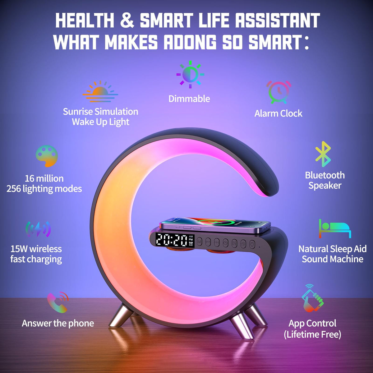 Elladera 2025 New Wireless Charger Atmosphere Lamp, 4-in-1 Bluetooth Speaker with