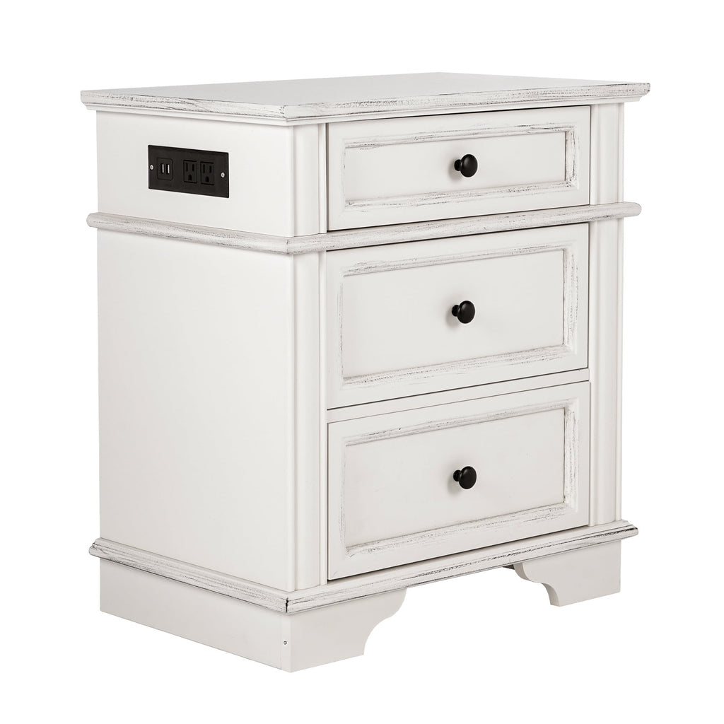 Elladera Solid Wood Nightstand with Outlets & USB Ports, 3 Drawer Traditional