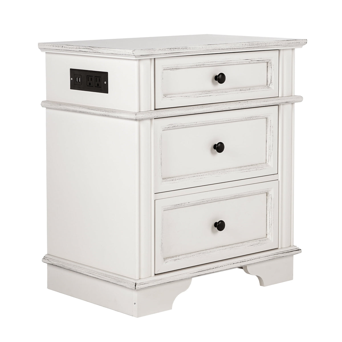 Elladera Solid Wood Nightstand with Outlets & USB Ports, 3 Drawer Traditional
