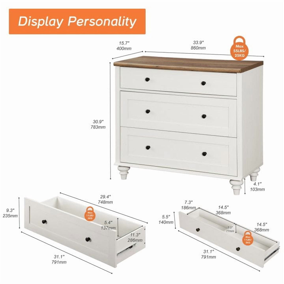 Elladera Farmhouse Dresser for Bedroom with 3 Drawers, Mid Century Modern Kids