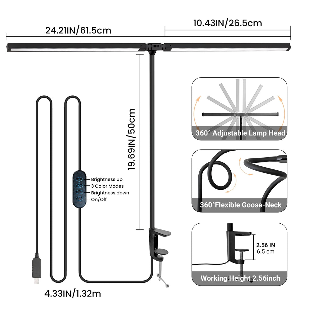 Elladera GUPUP LED Clip-on Desk Lamp, Eye Caring Dimmable Reading Light, Usb Power