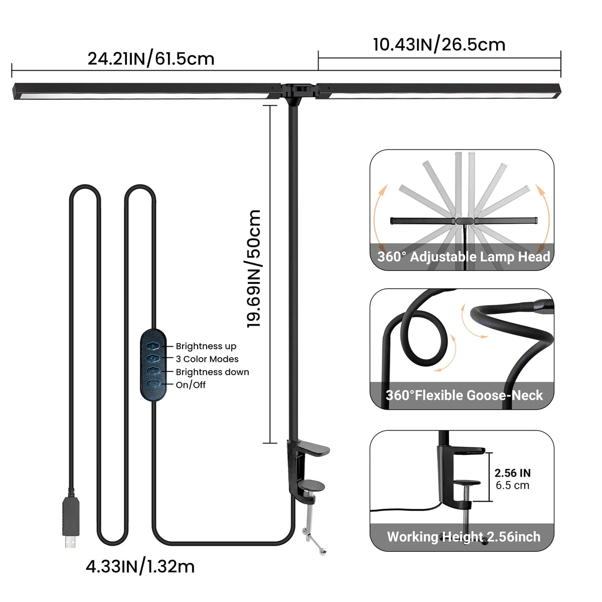 Elladera GUPUP LED Clip-on Desk Lamp, Eye Caring Dimmable Reading Light, Usb Power