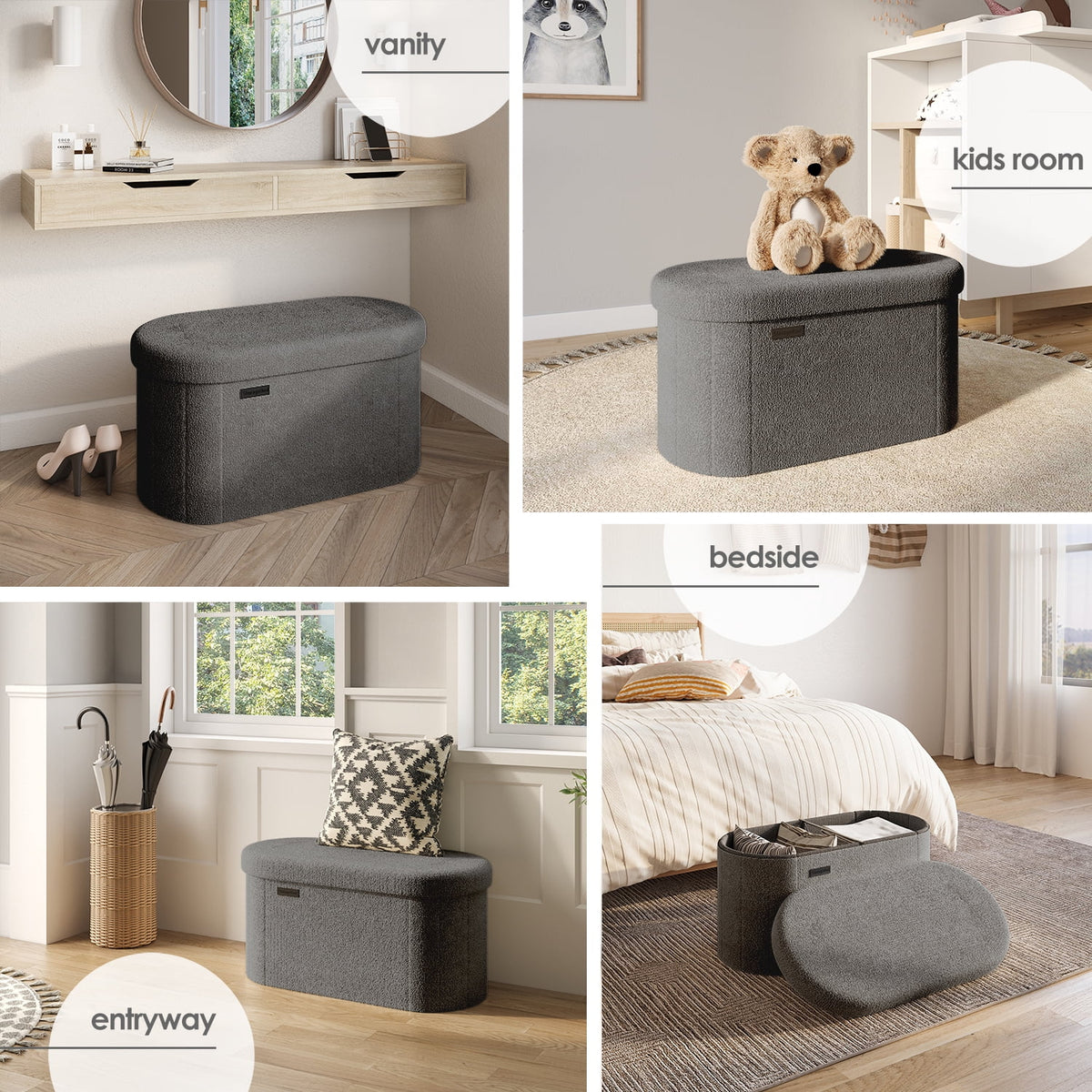 Elladera Hearth & Harbor Oval Storage Ottoman Bench, Boucle 30" Ottoman with