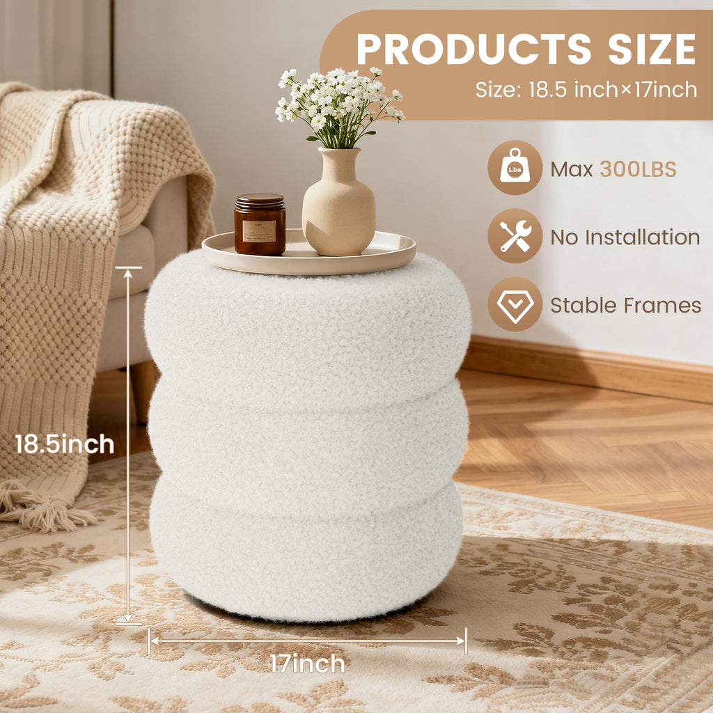 Elladera Round Ottoman with Storage, Plush Teddy Boucle Footstool for Living Room