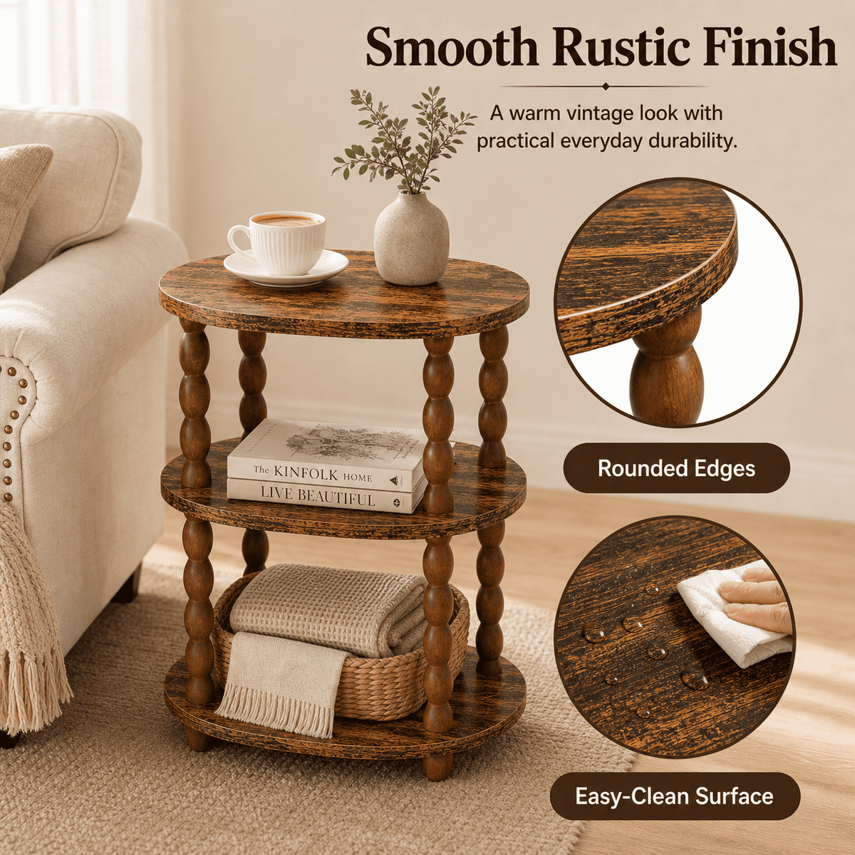Elladera MEHOOM 3-Tier Side Table, Small End Table for Living Room and Bedroom,