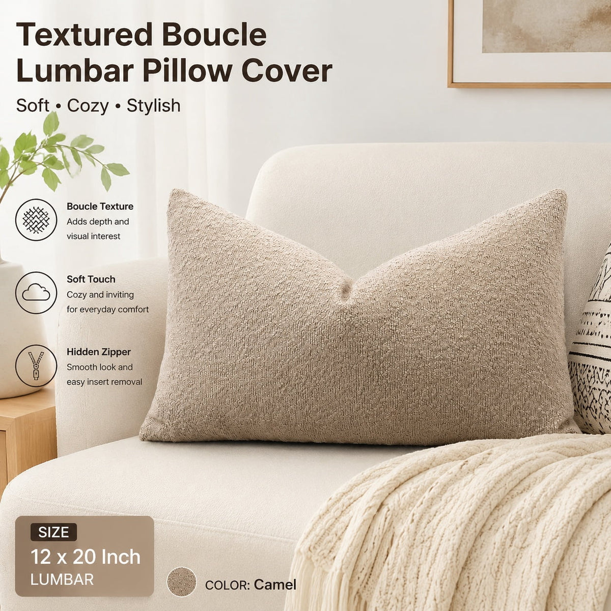 Elladera Set of 1 Textured Boucle Throw Pillow Cover, Square Cozy Soft Decorative