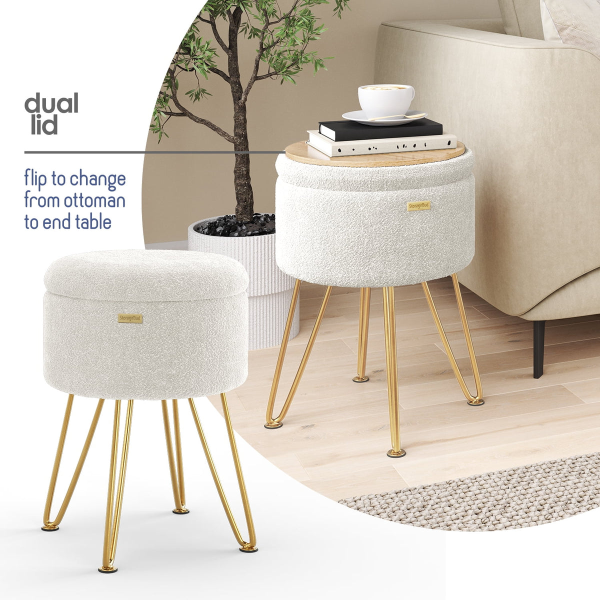 Elladera Hearth & Harbor Round Ottoman with Storage, Luxurious Foot Stool and Chic
