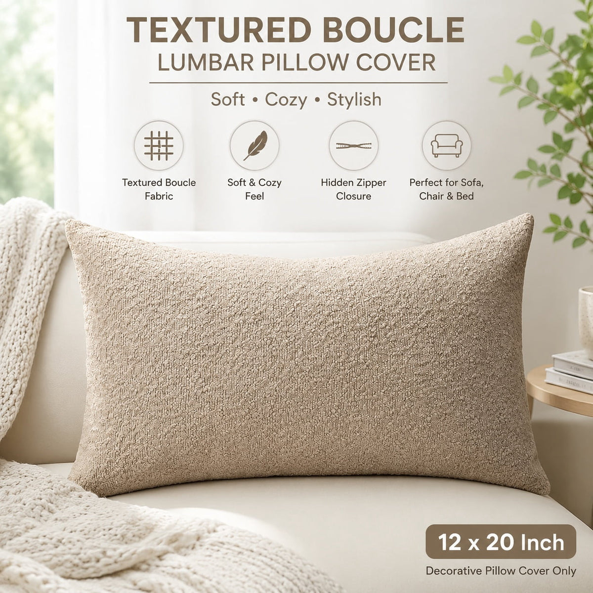 Elladera Set of 1 Textured Boucle Throw Pillow Cover, Square Soft Decorative Couch