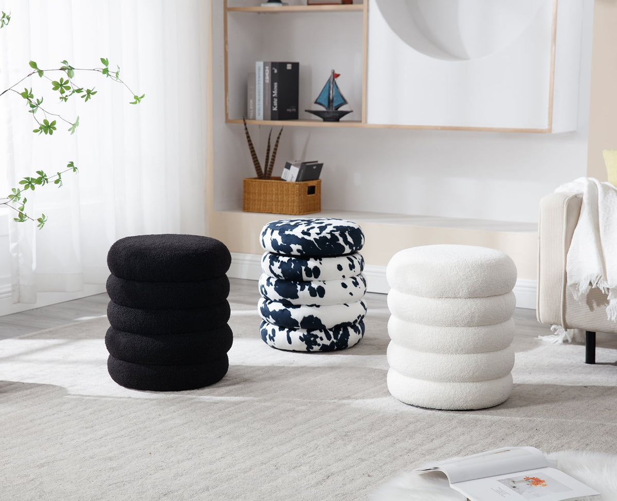Elladera Guyou Round Storage Ottoman, Upholstered Sherpa Footstool, Small Boucle