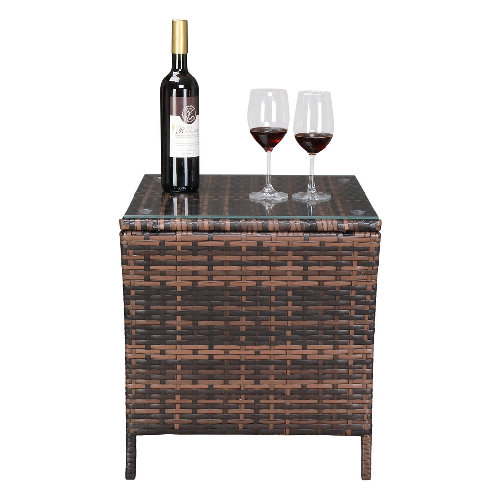 Elladera Side Table Porch Square Side Coffee Table with Glass Top, Rattan End Table