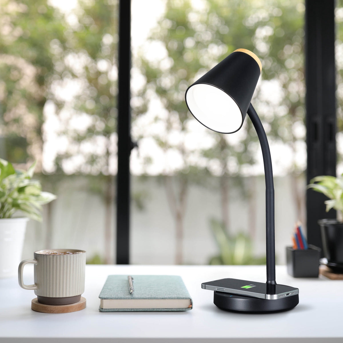 Elladera OttLite Gleam LED Desk Lamp with Wireless Charging, Dimmable, Black with