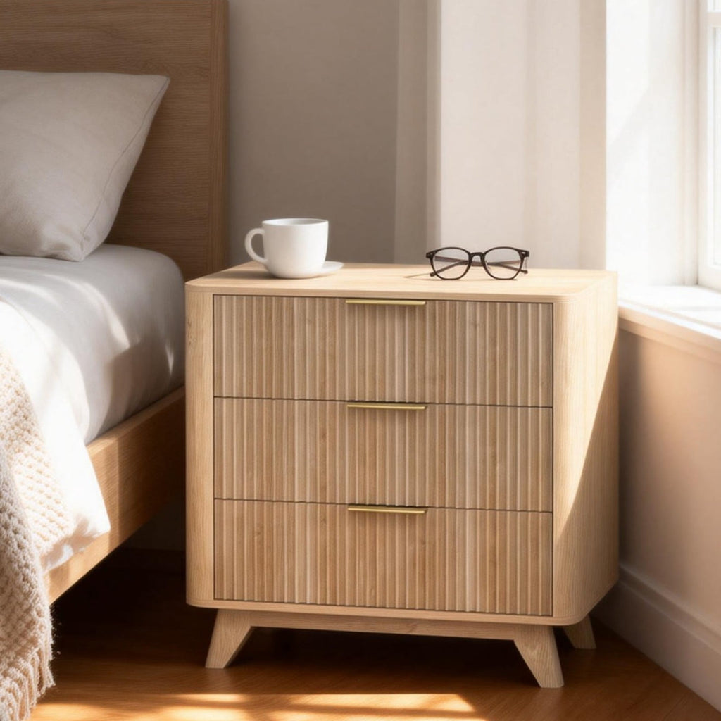 Elladera Solid Wood 3 Drawer Nightstand Fluted Bedside Table End Table, Oak