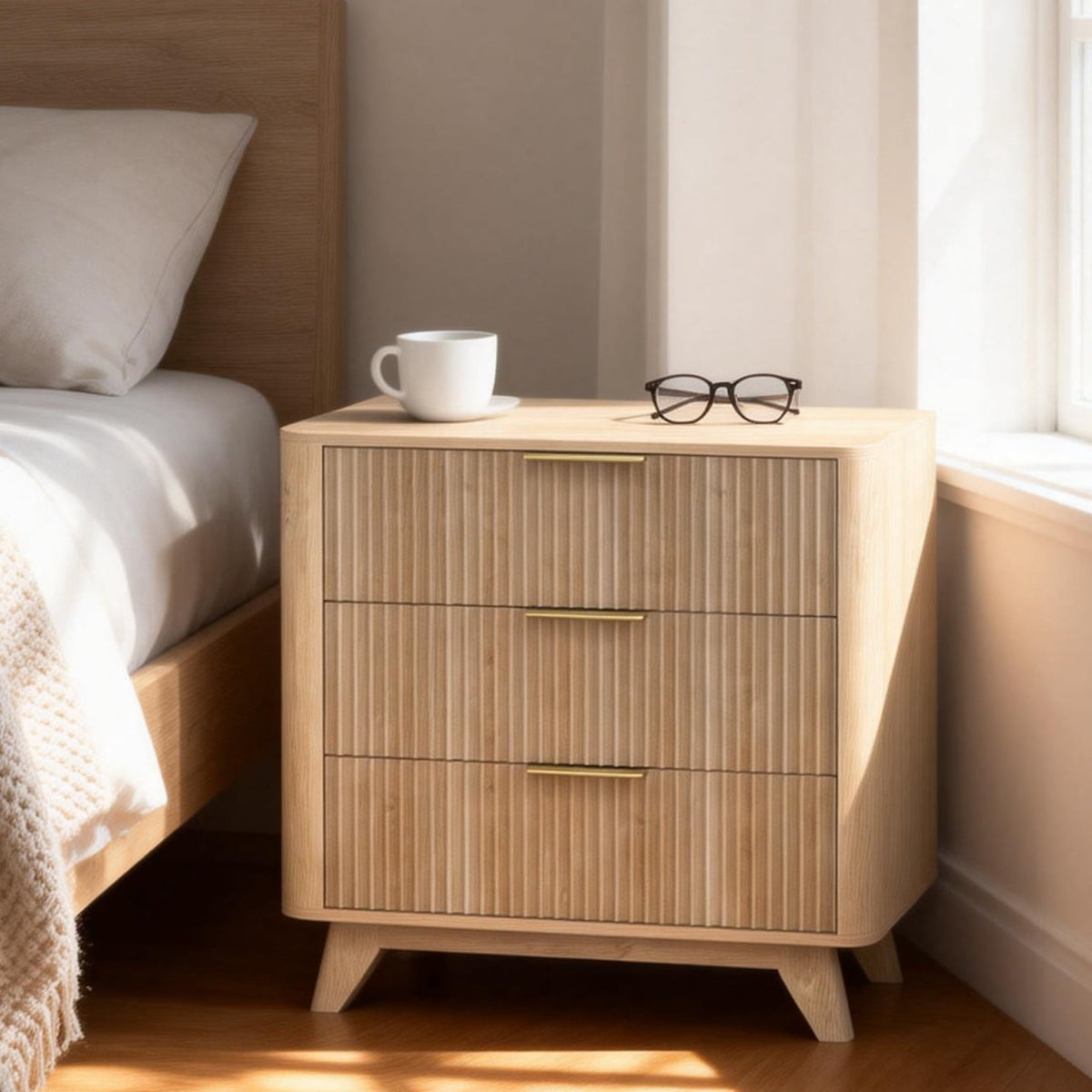 Elladera Solid Wood 3 Drawer Nightstand Fluted Bedside Table End Table, Oak