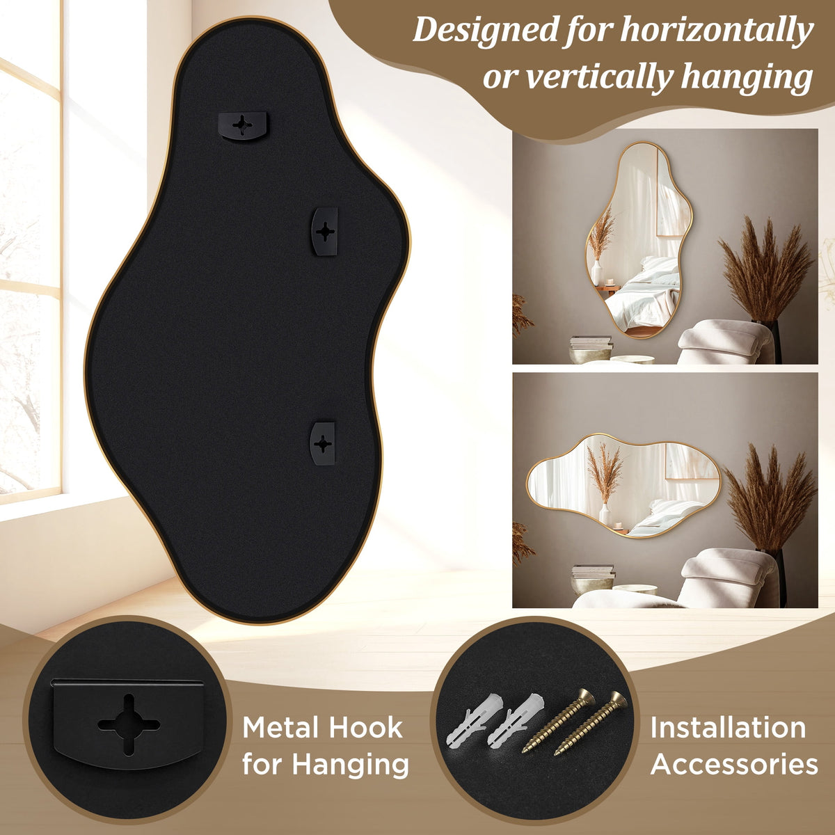 Elladera 20"x36" Irregular Wall Mirror, Gold Asymmetrical Teardrop