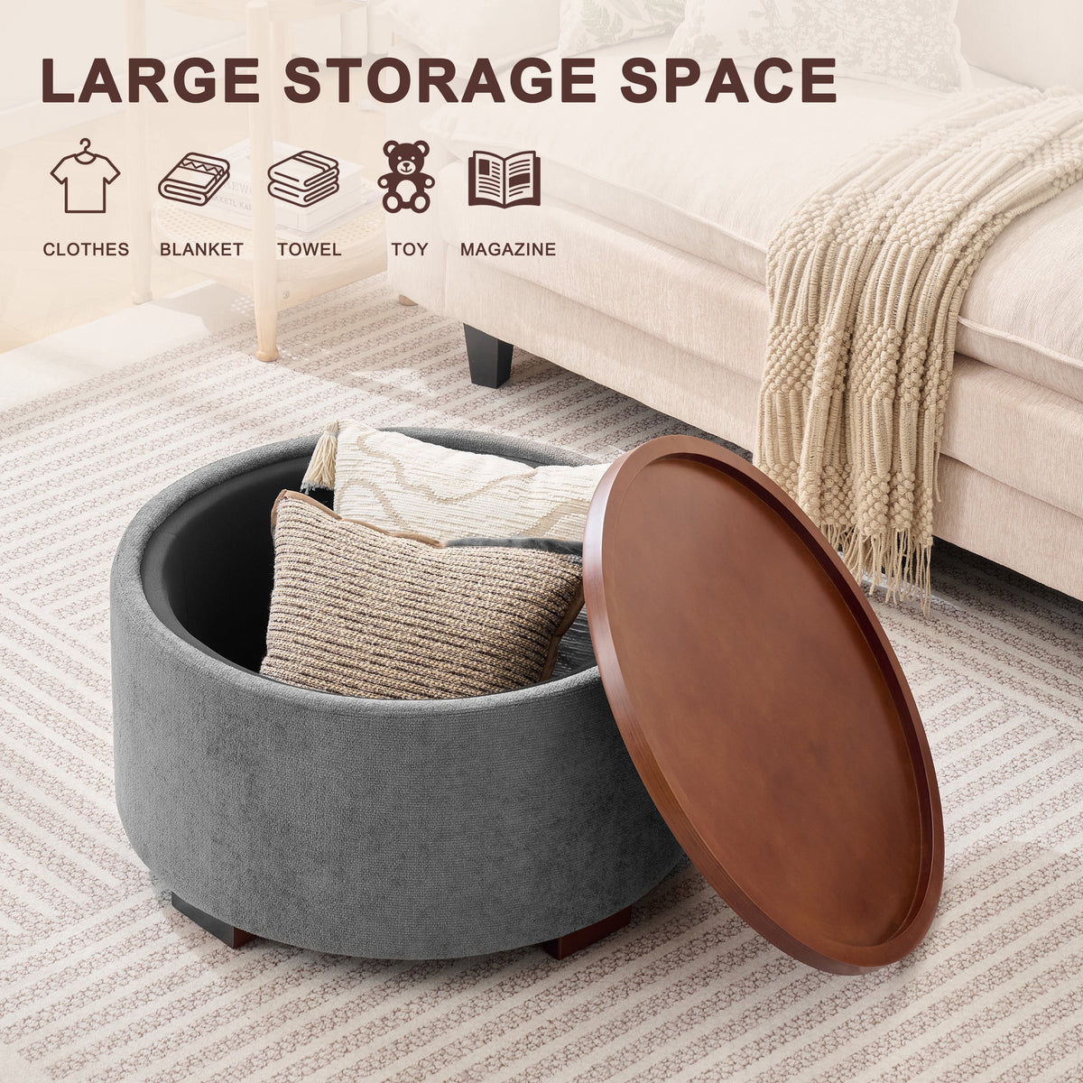 Elladera 29.1 Inch Round Boucle Storage Ottoman Coffee Table with Removable Lid Top
