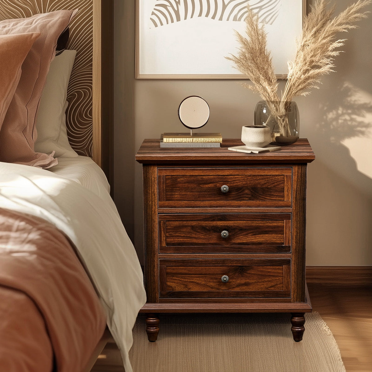 Elladera Solid Wood Nightstand 3 Drawer Traditional Cottage Bedside Table, Brown