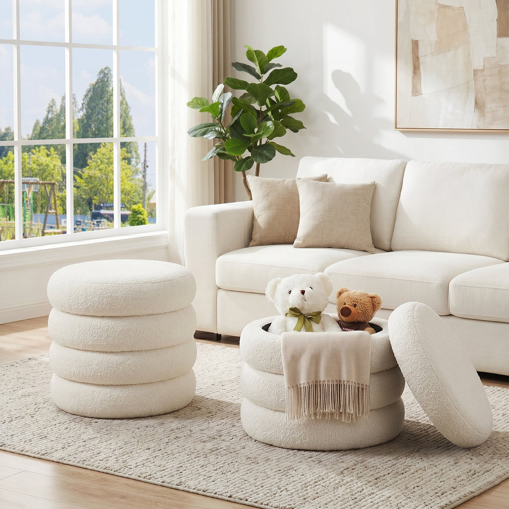 Elladera Zesthouse 19.5" Wide Round Boucle Storage Ottoman, Tufted Sherpa Ottoman