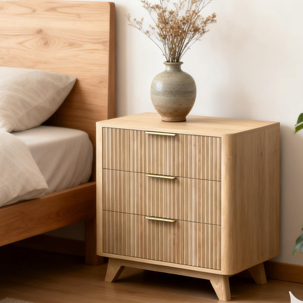 Elladera Solid Wood 3 Drawer Nightstand Fluted Bedside Table End Table, Oak