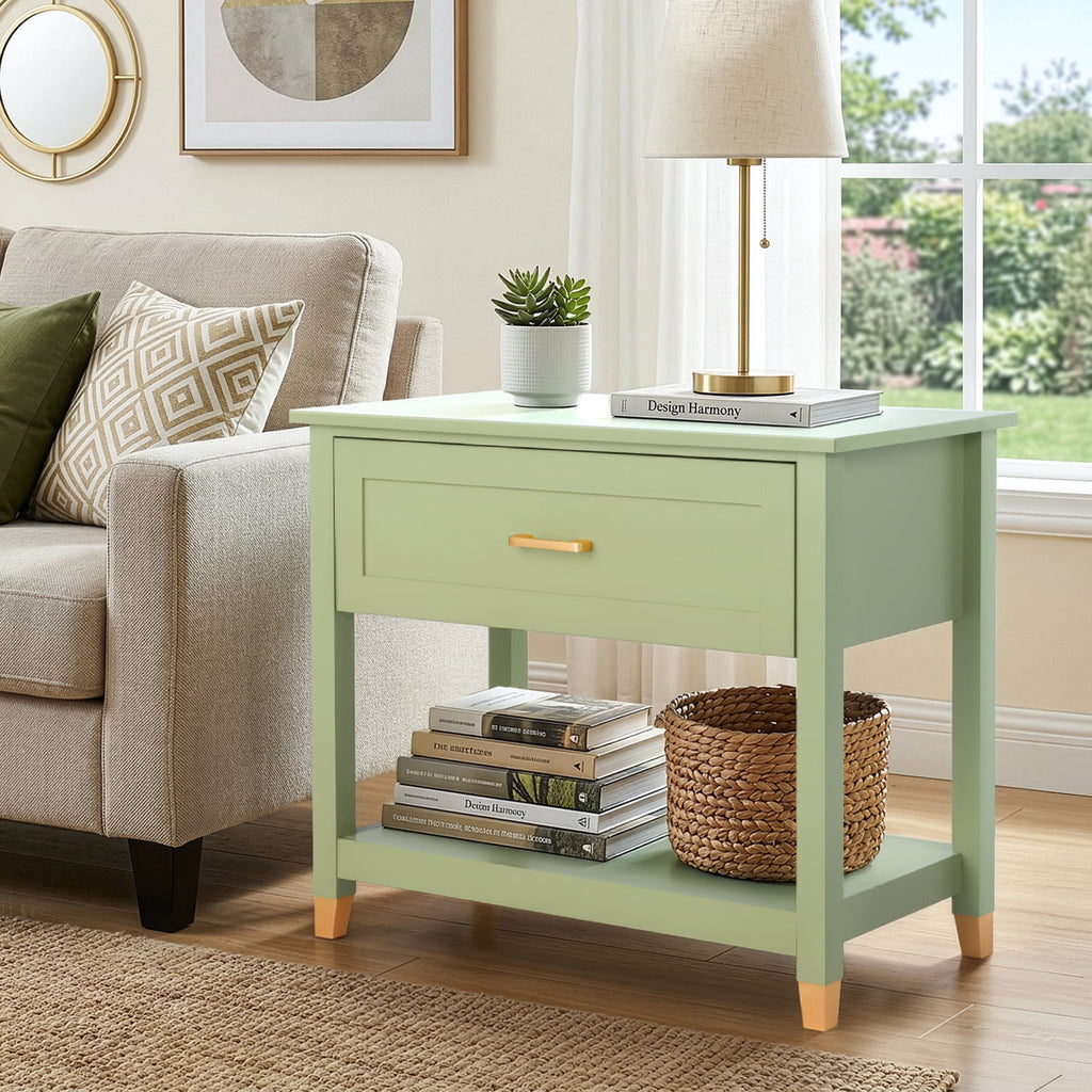 Elladera Solid Wood Nightstand with One Drawer Traditional Cottage Bedside Table, Green