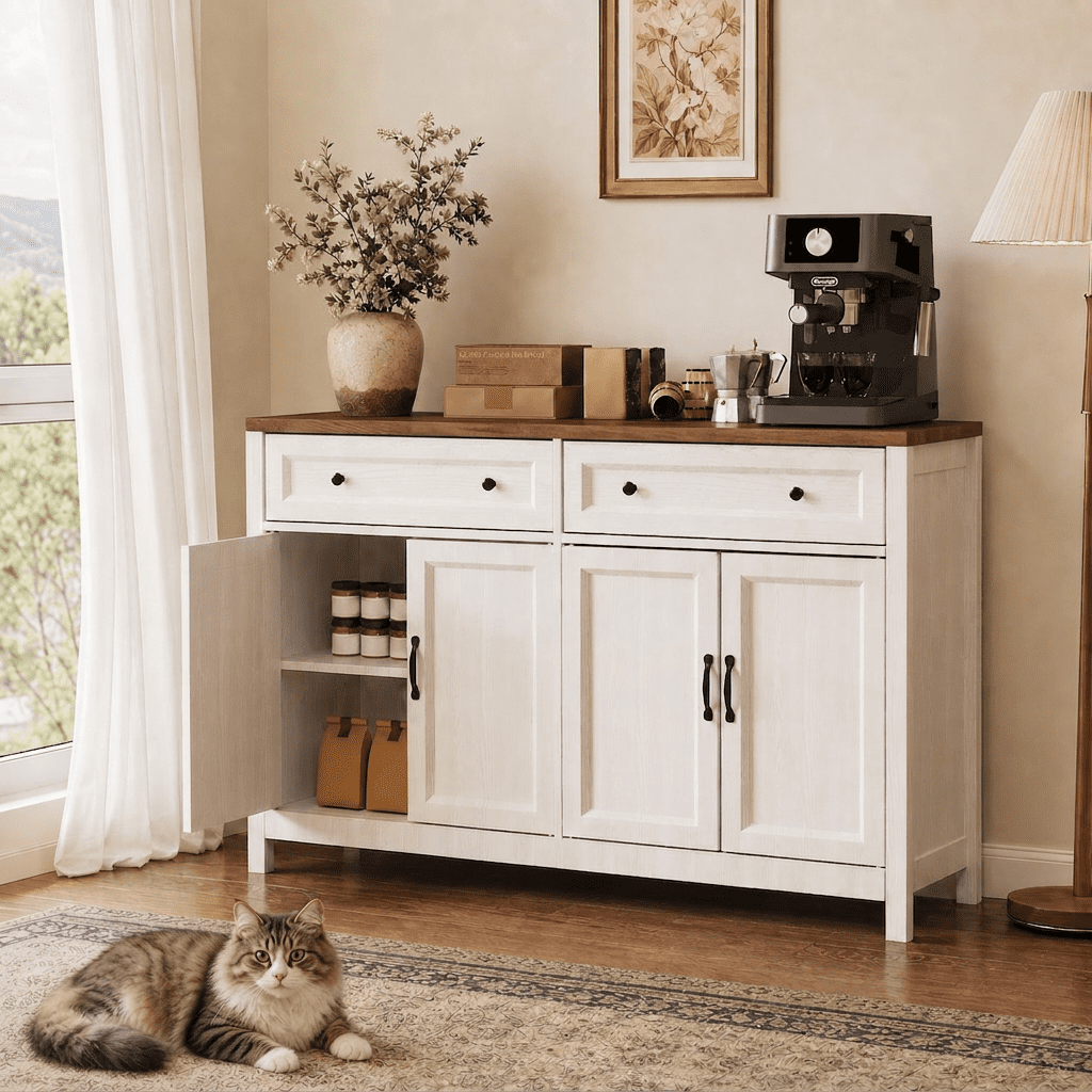 Elladera Aiho 55.1" Buffet Cabinet with 2 Drawers and 4 Doors, Farmhouse Sideboard