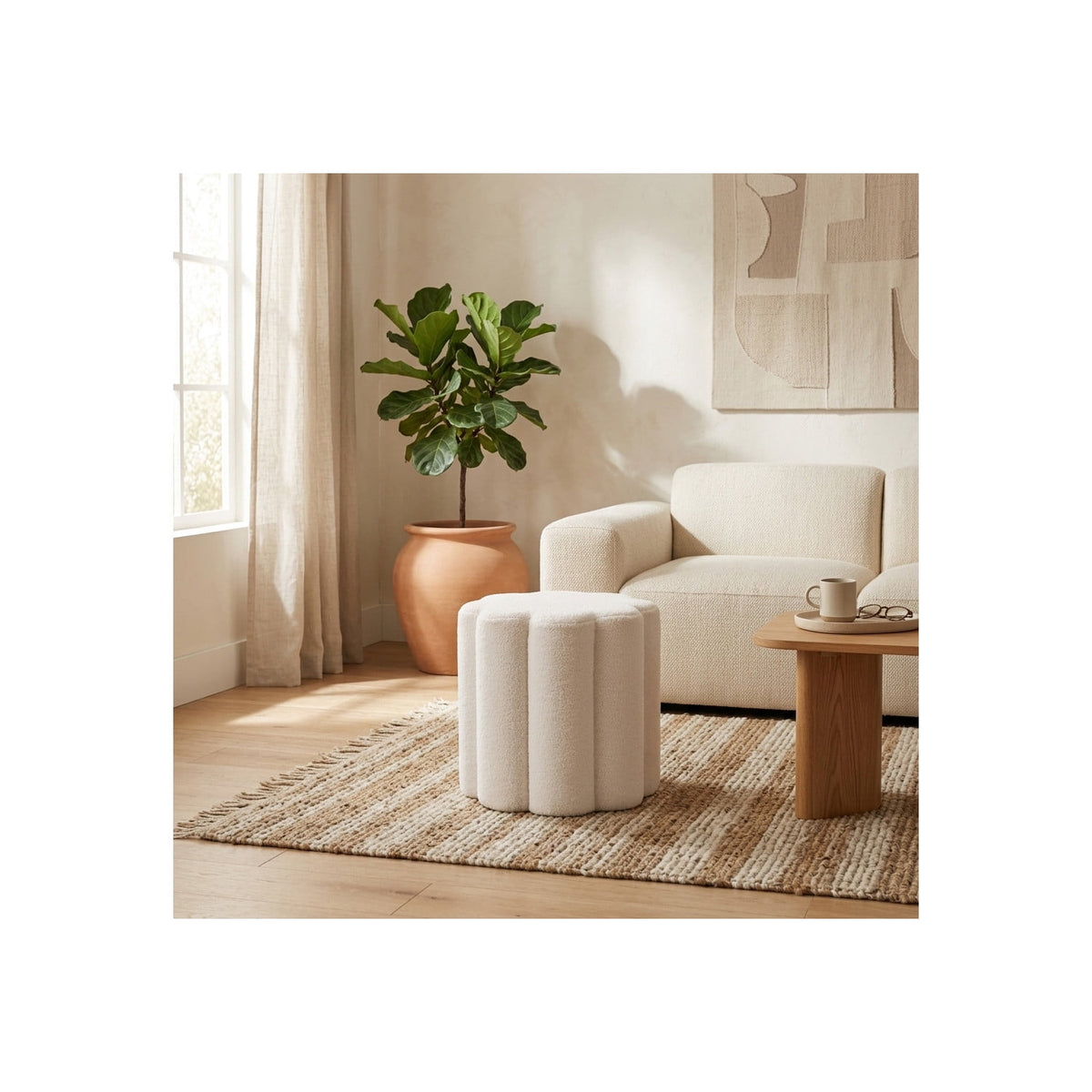 Elladera Petal Shaped Boucle Ottoman for Home Decor- Boho Vanity Chair for Bedroom