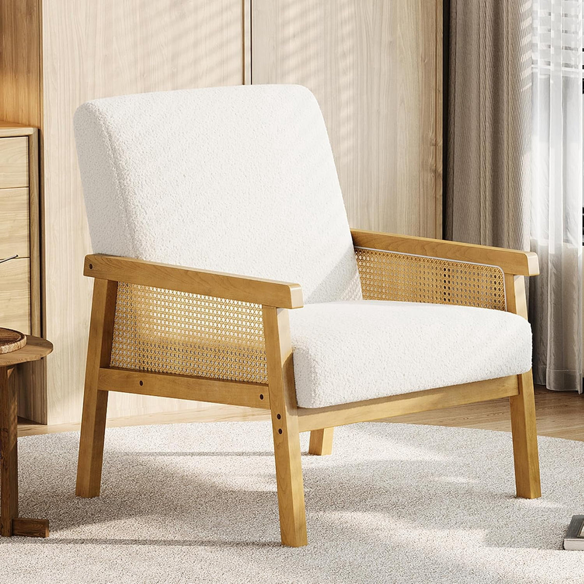 Elladera Boucle Accent Chair, Rattan Armchair with Wooden Frame, High Back