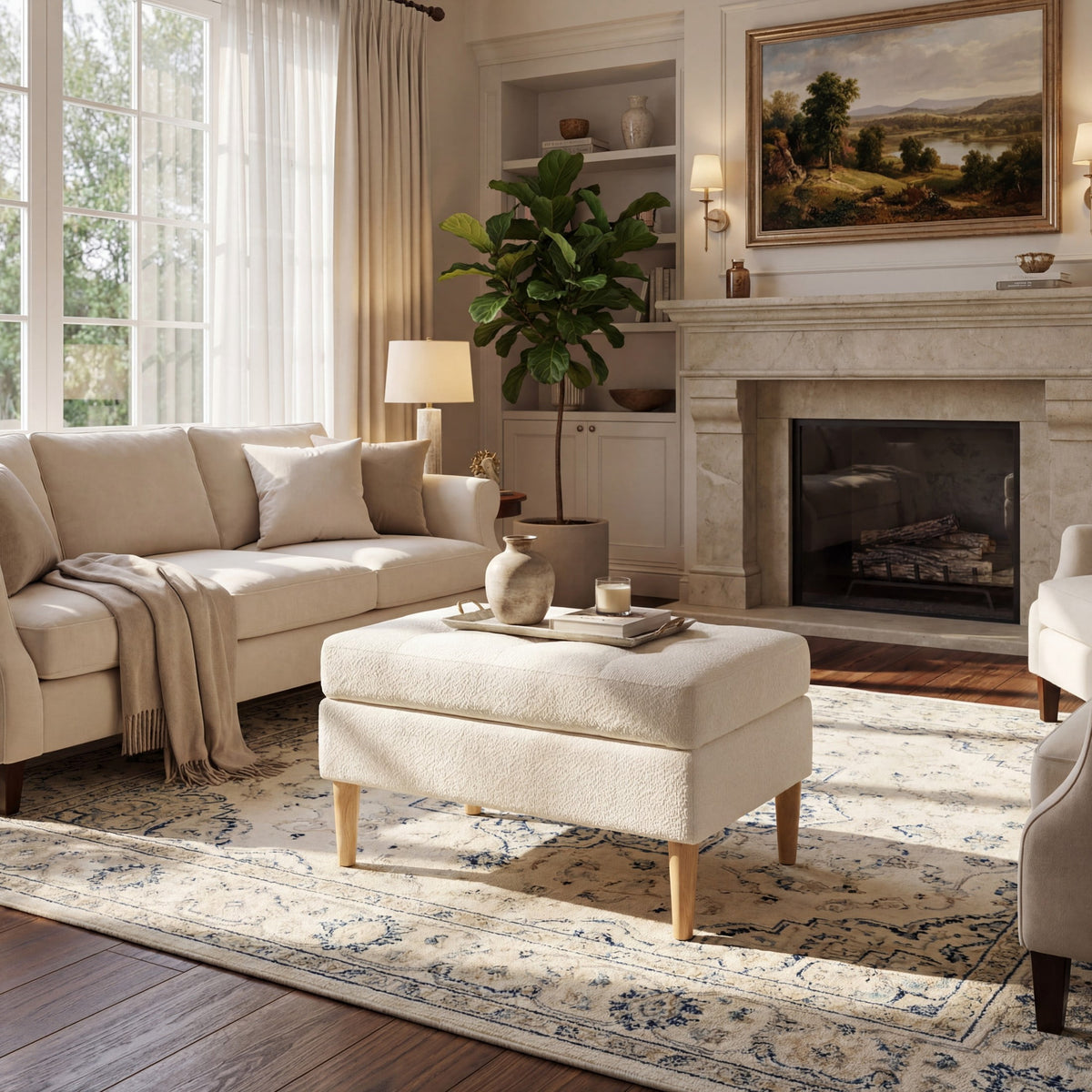 Elladera Christopher Knight Home Tufted Boucle Upholstered Ottoman with Rubberwood